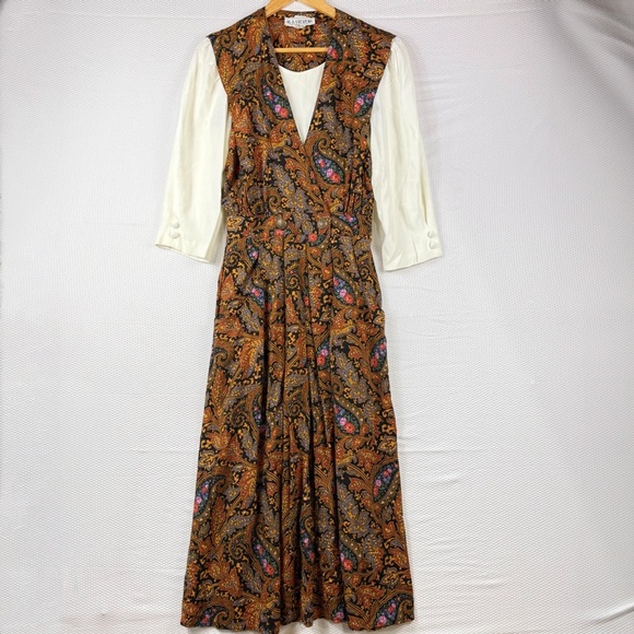 R.J Stevens Vintage Paisley Patterned Brown Midi Dress Size 8 - Picture 1 of 10